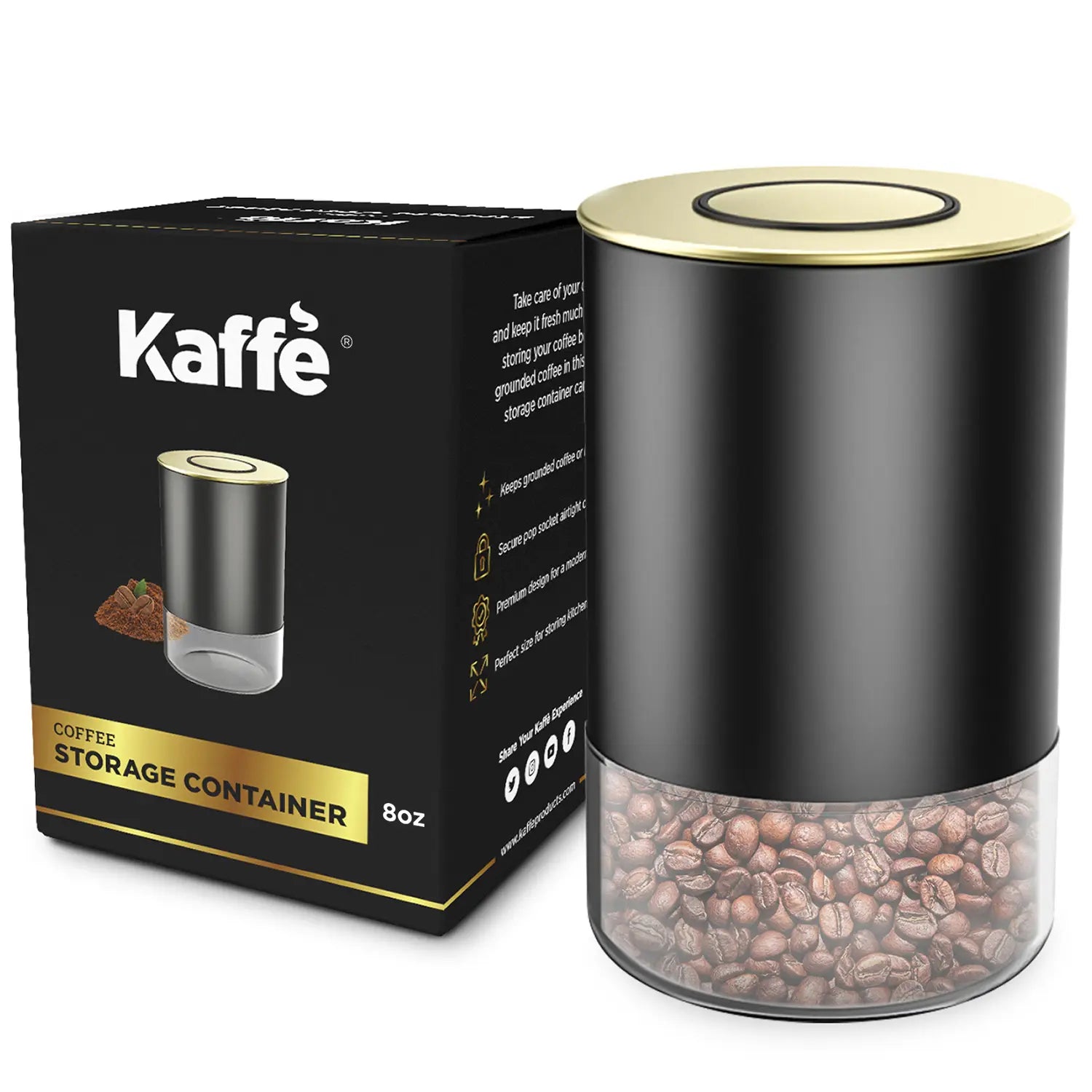 Kaffe Tea Canister Storage Container Black/Gold Round - 8 oz.